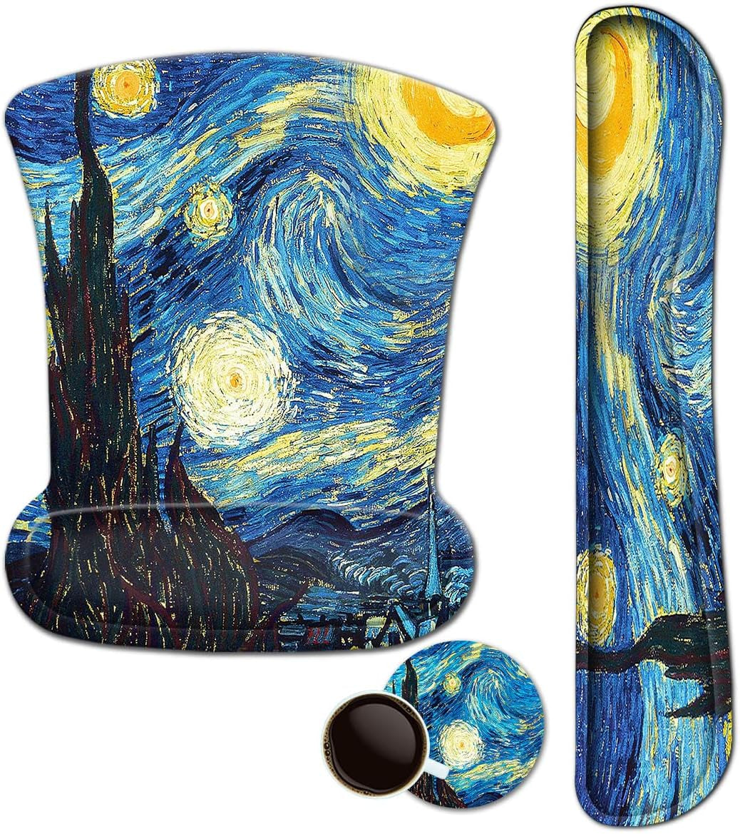 Mouse Pad with Wrist Support and Keyboard Wrist Rest Pad Set,Ergonomic Mouse Pads for Computers Laptop,Non-Slip Comfortable Mousepad W/Raised Memory Foam for Easy Typing & Pain Relief (Starry Night)