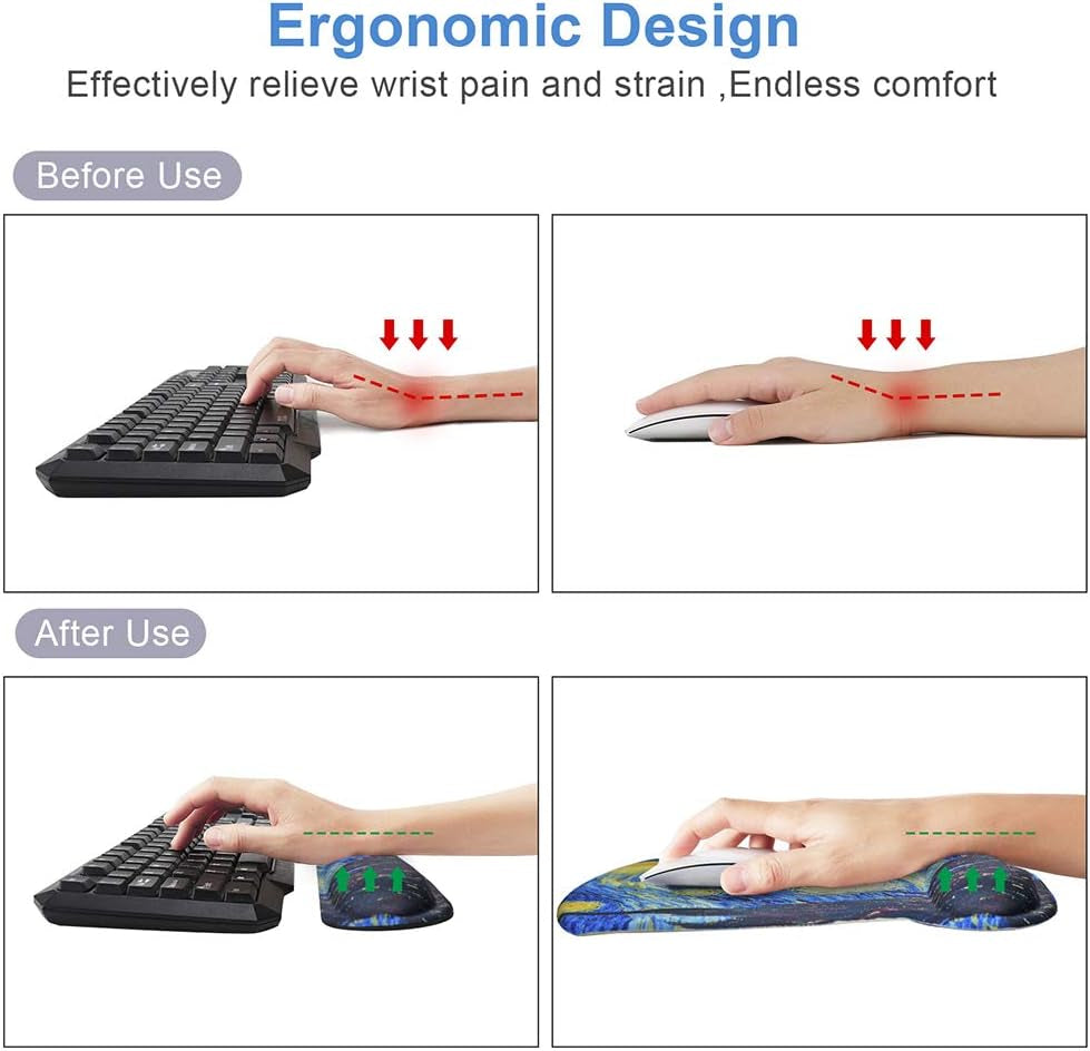 Mouse Pad with Wrist Support and Keyboard Wrist Rest Pad Set,Ergonomic Mouse Pads for Computers Laptop,Non-Slip Comfortable Mousepad W/Raised Memory Foam for Easy Typing & Pain Relief (Starry Night)